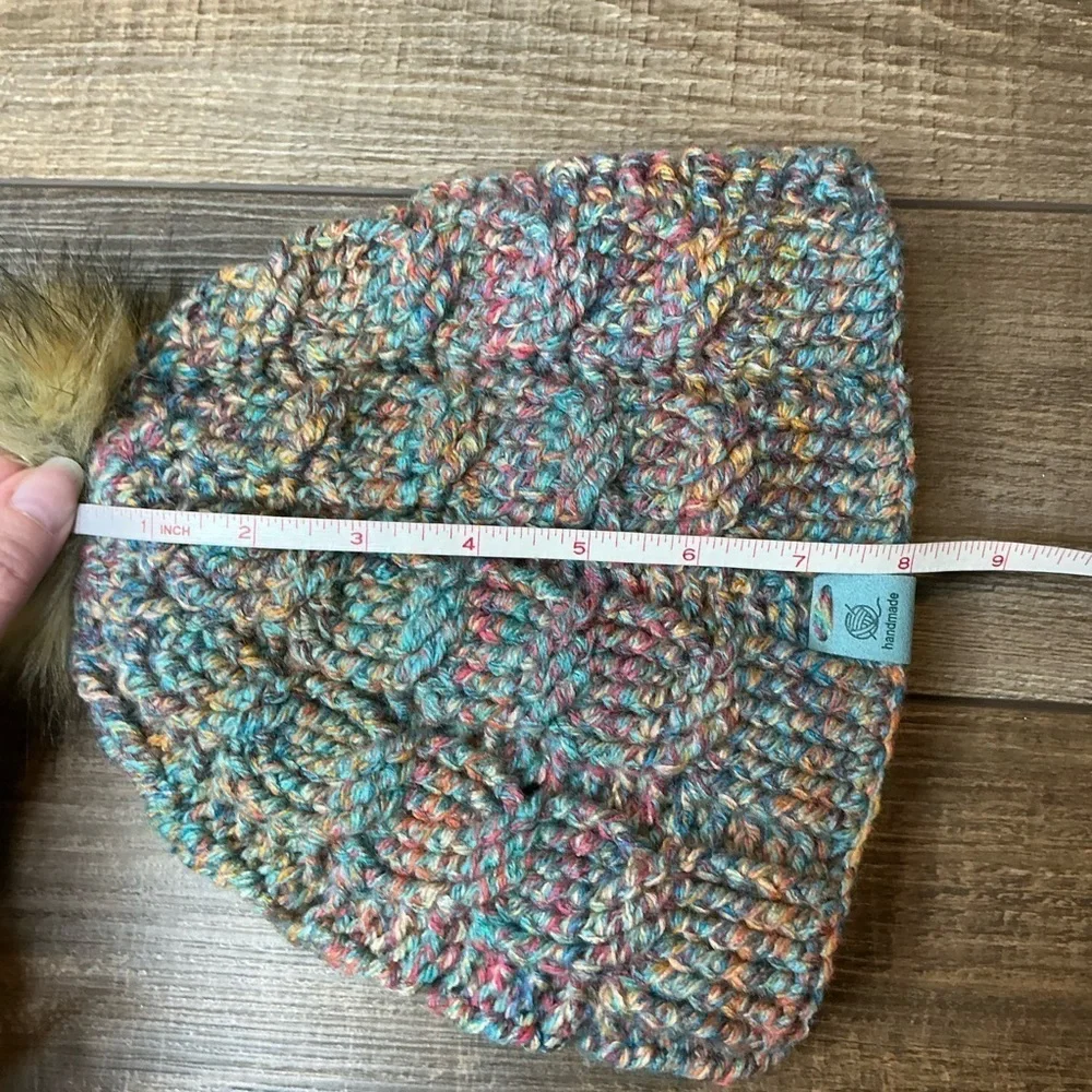 Cable Knit Crochet Beanie Hat Handcrafted With Faux Fur Pom Handmade Red Blue